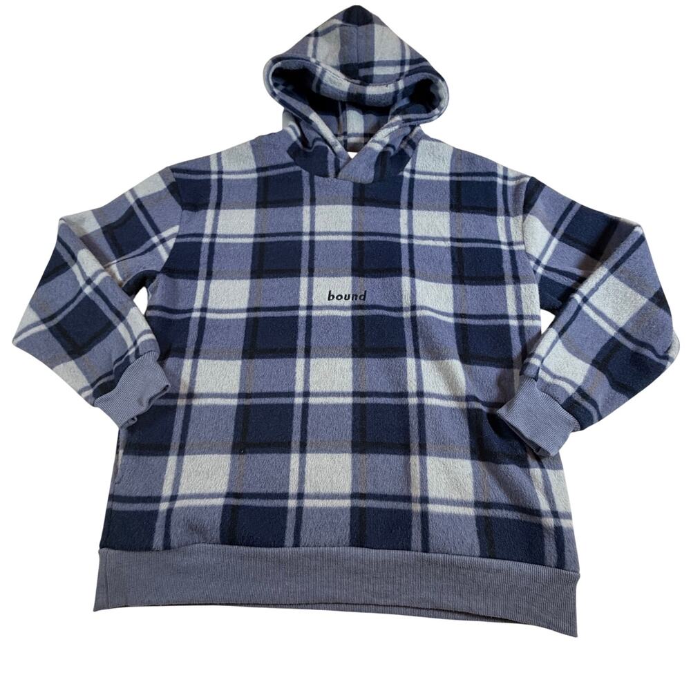 Bound Fleece Pullover Hoodie Warm Winter Ski Blue Tartan Plaid Men Sz Md